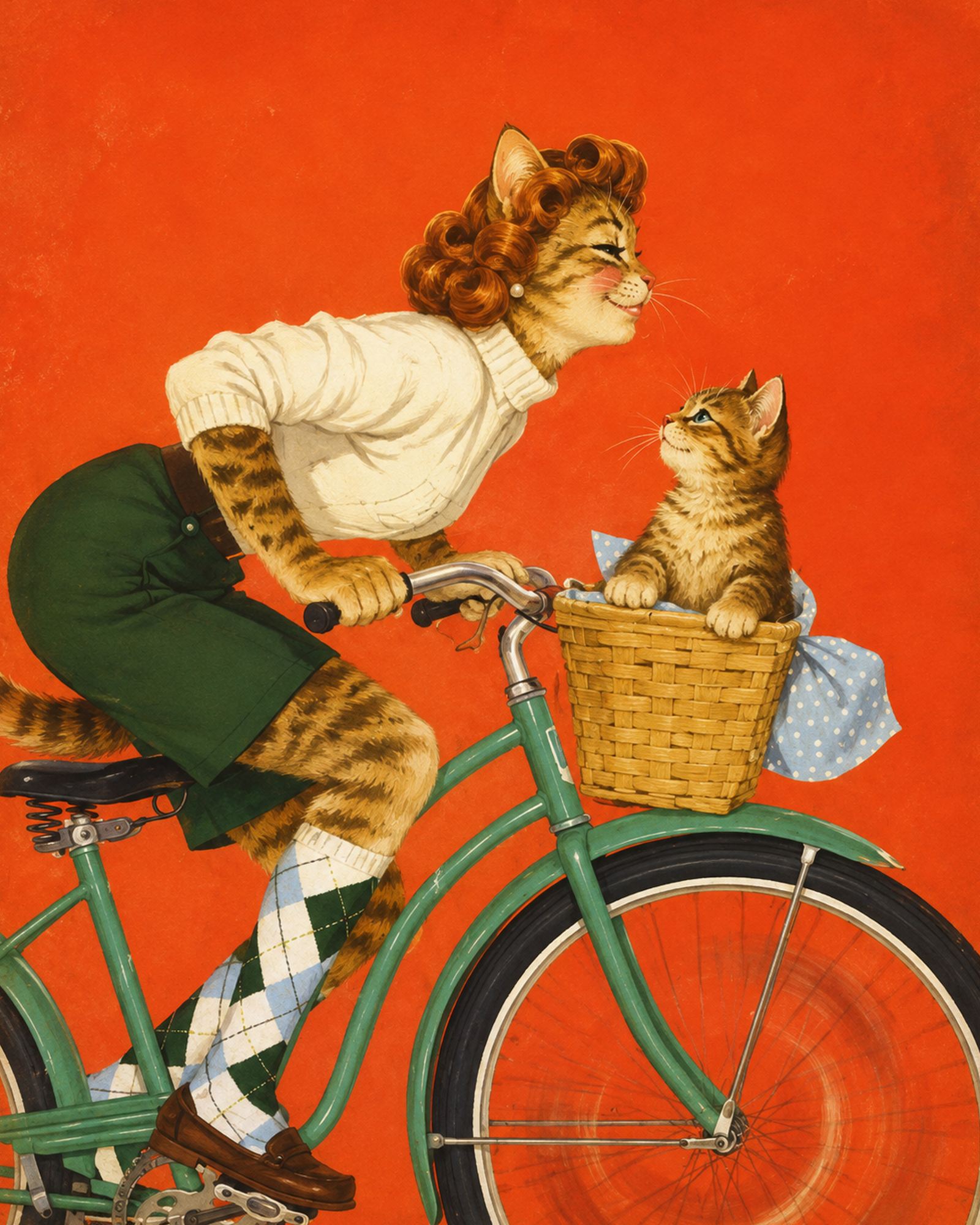 MRSCATE riding a green bicycle with a kitten in the front basket