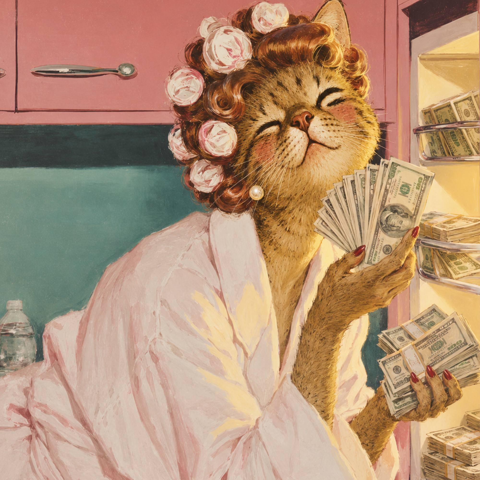MRSCATE in curlers fanning hundred dollar bills in front of a stocked pantry