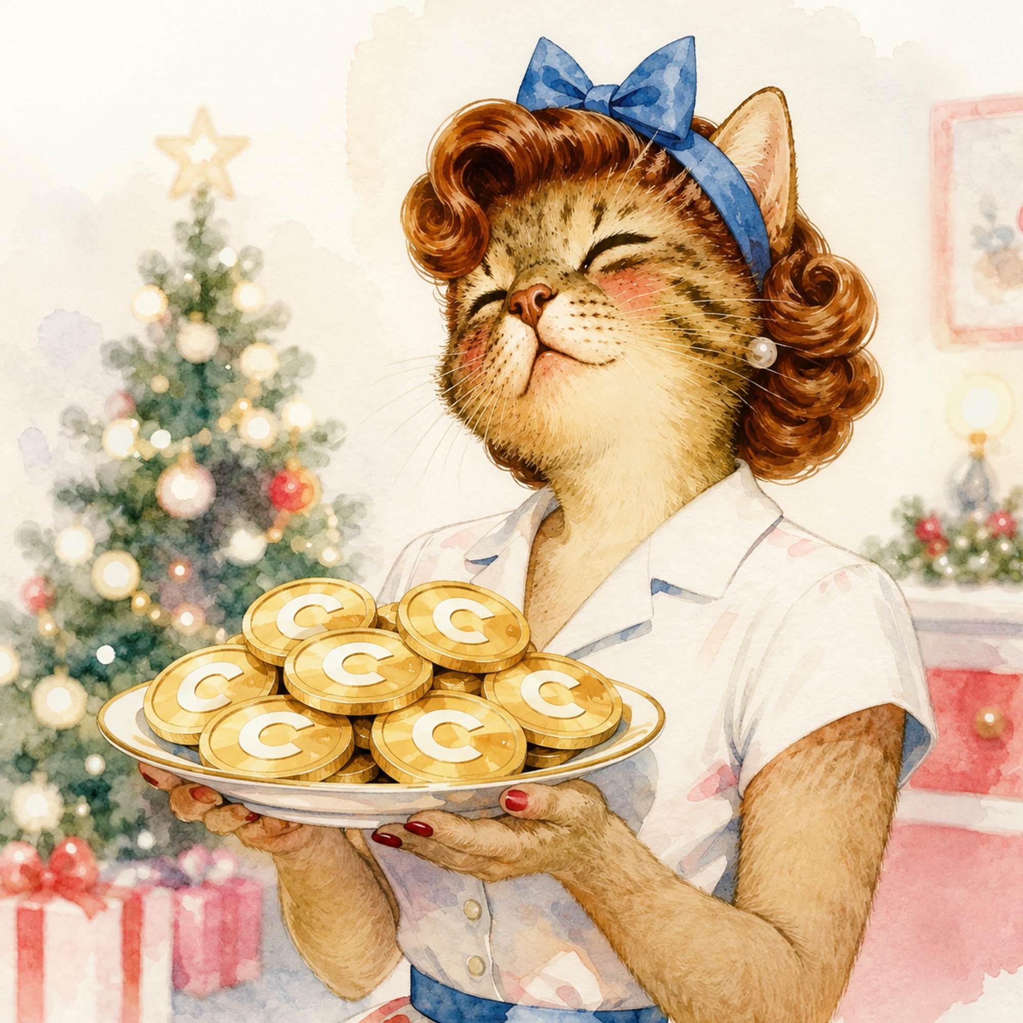 MRSCATE holding a porcelain plate stacked with warm gold coins