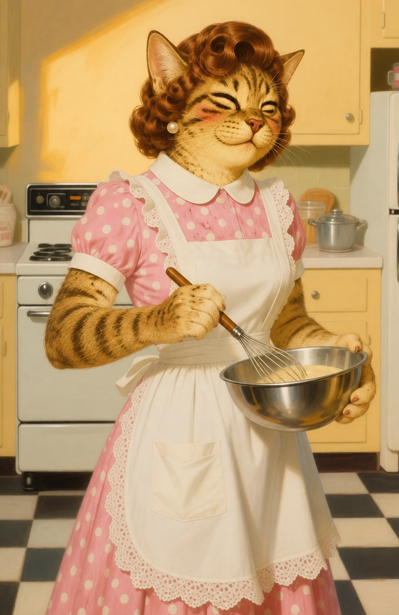 MRSCATE the housewife cat whisking batter in a pastel retro kitchen