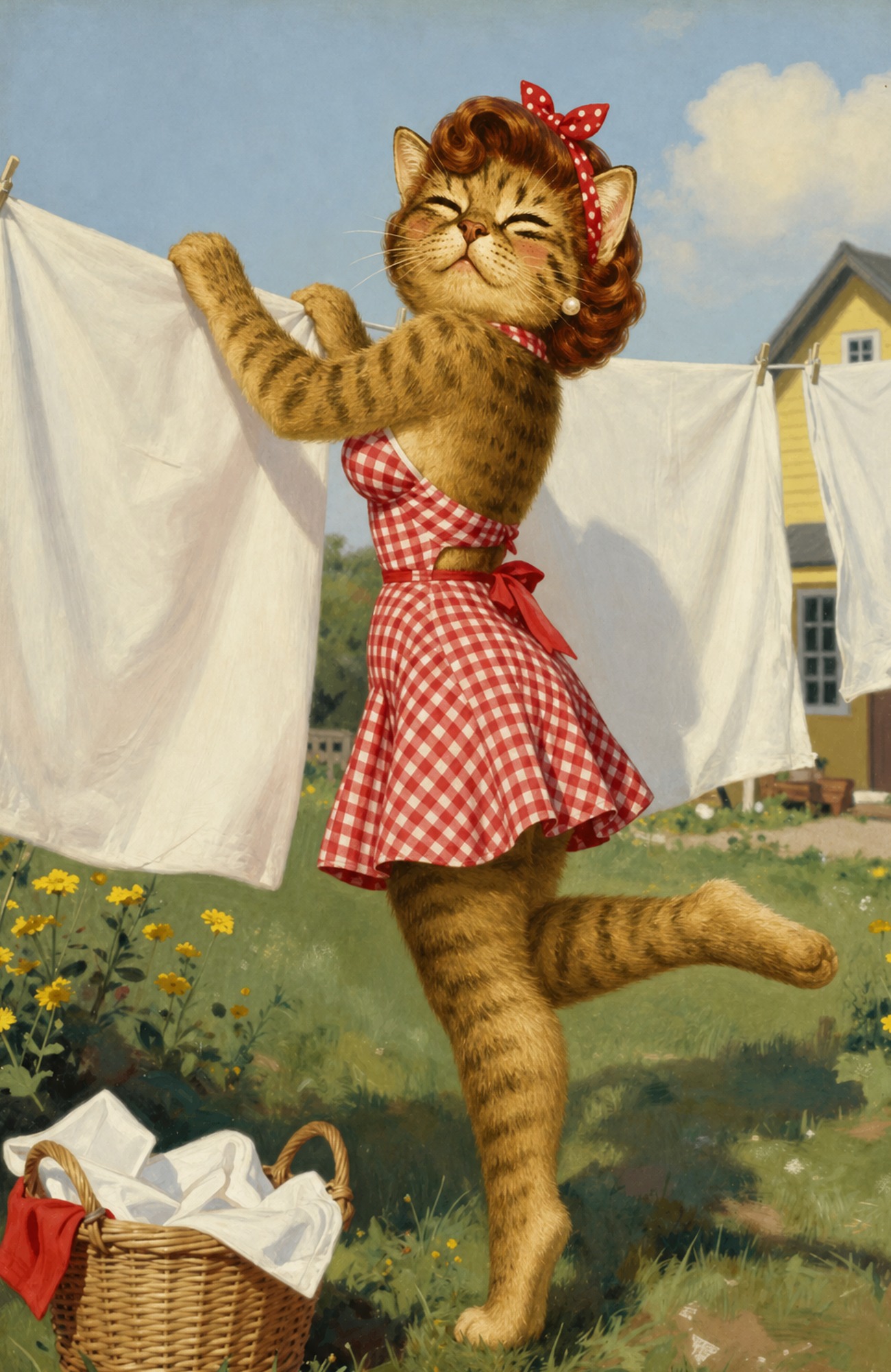 MRSCATE hanging white sheets on a laundry line in a sunny yard