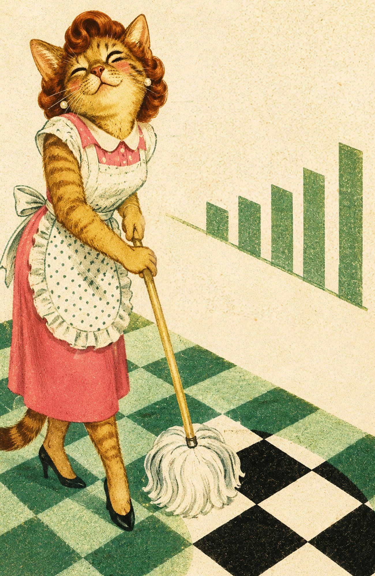 MRSCATE mopping a checkered floor while a green bar chart climbs the wall